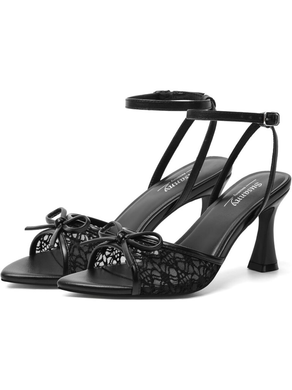 Women Black Bow Lace Mesh Pointed Open Toe Strappy Chunky Block High Heels Shoes